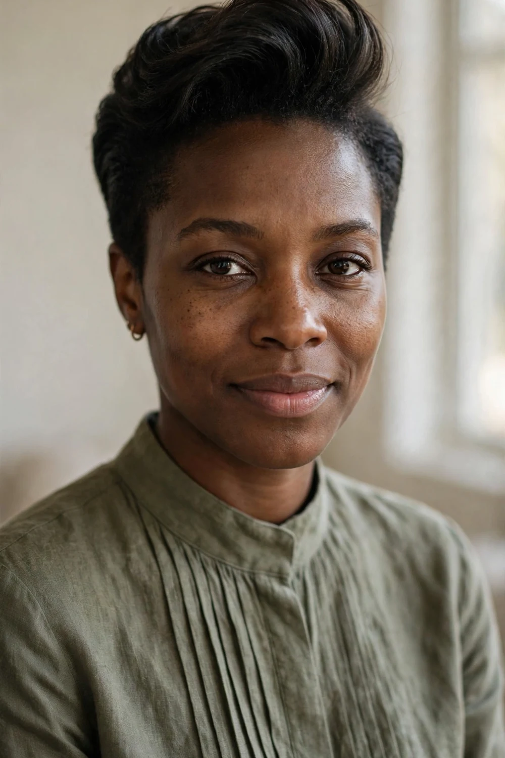 Black woman with a short pompadour with lifted front volume and neat sides