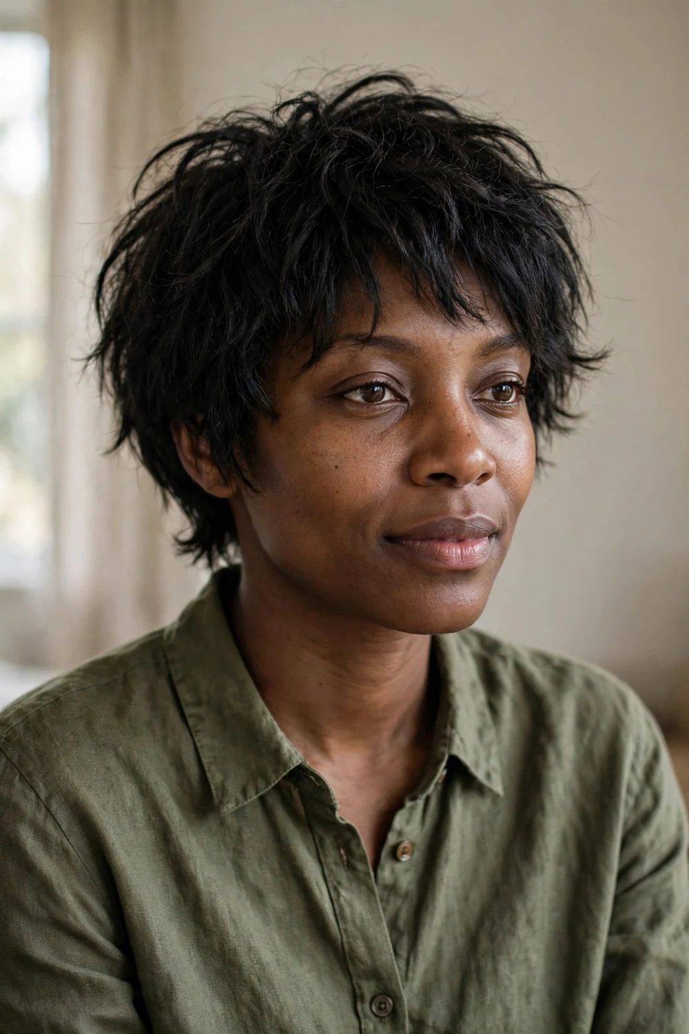 Black woman with a short shag haircut with choppy layers and natural texture