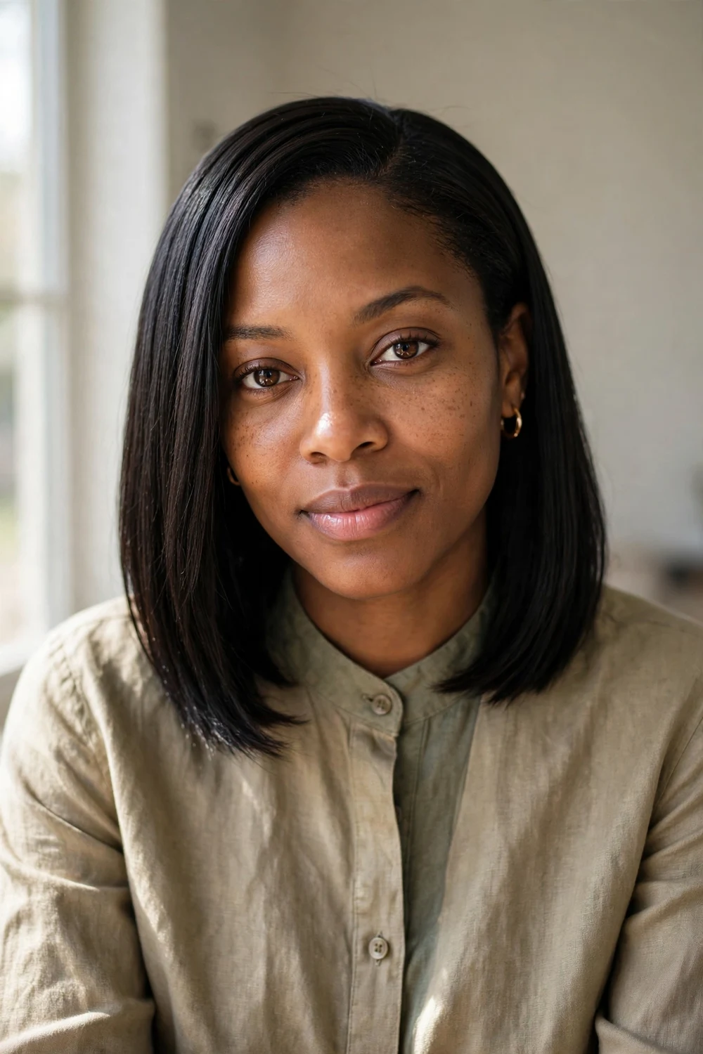 Black woman with a short straight sew-in weave with sleek shoulder-skimming hair