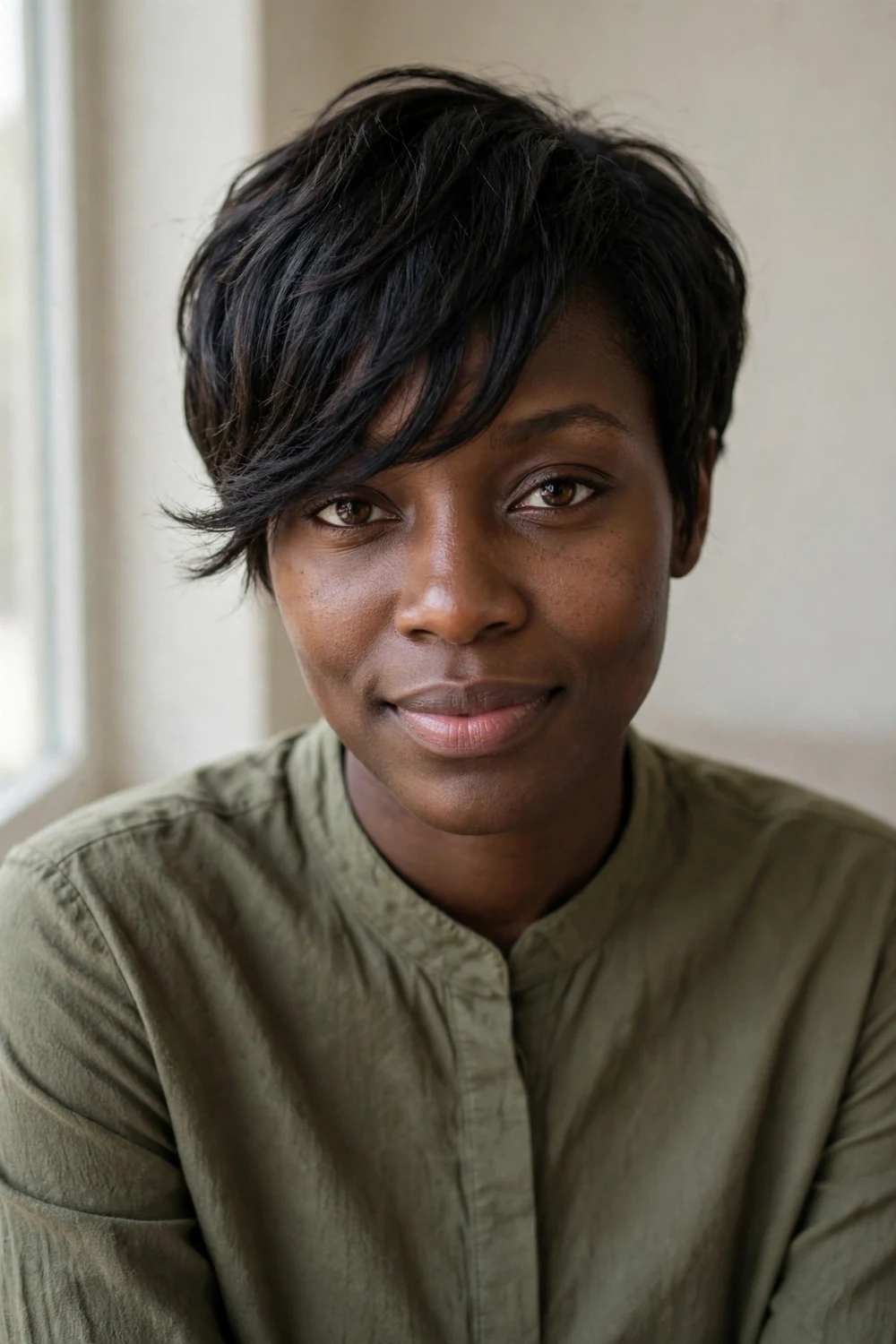 Black woman with a side-swept pixie with longer fringe brushed across the forehead