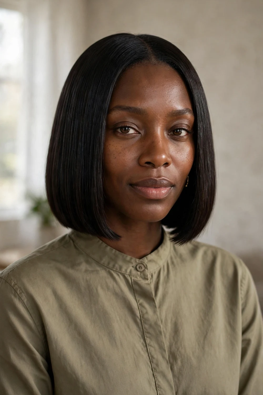 Black woman with a sleek blunt bob with sharp even ends and glossy finish