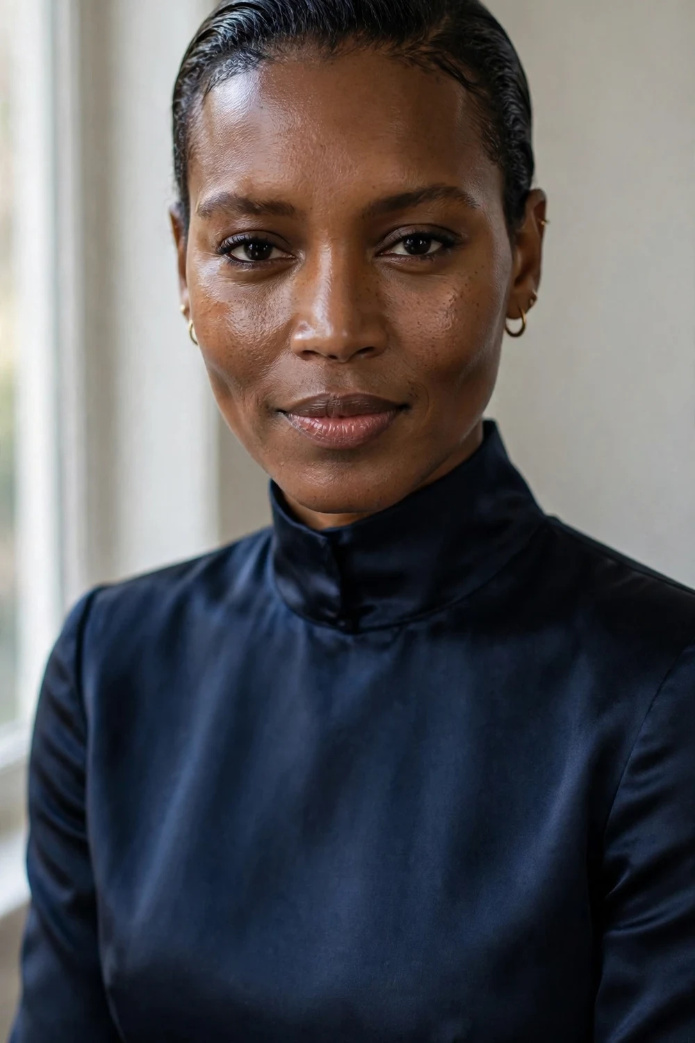 Black woman with slicked-back short hair with smooth glossy finish
