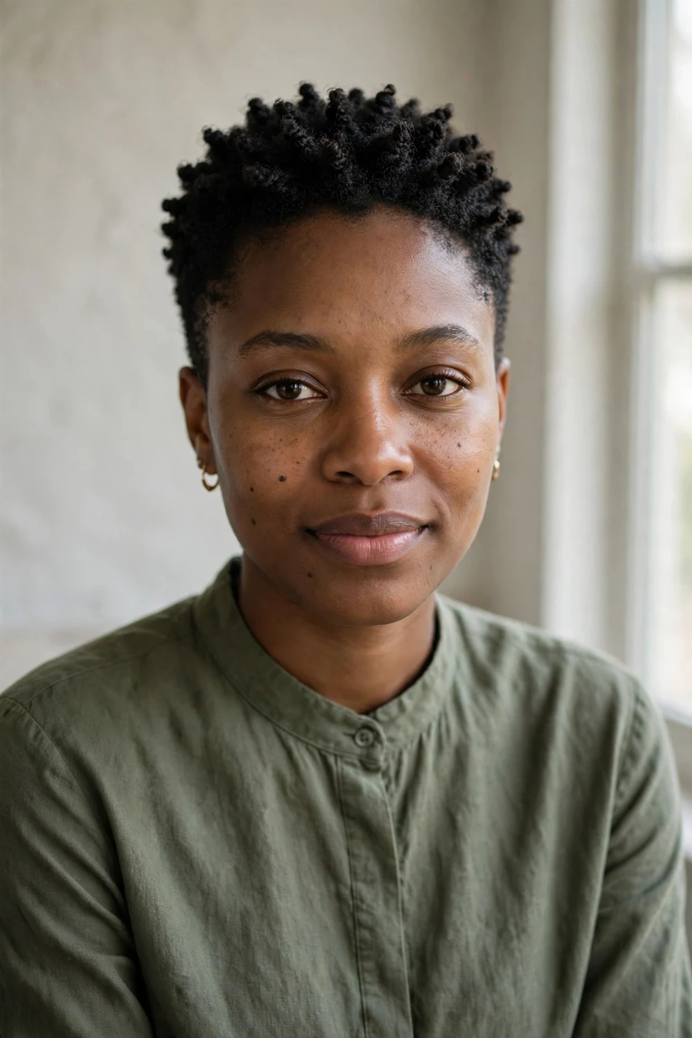 Black woman with sponge coils featuring small uniform defined coils on tapered cut