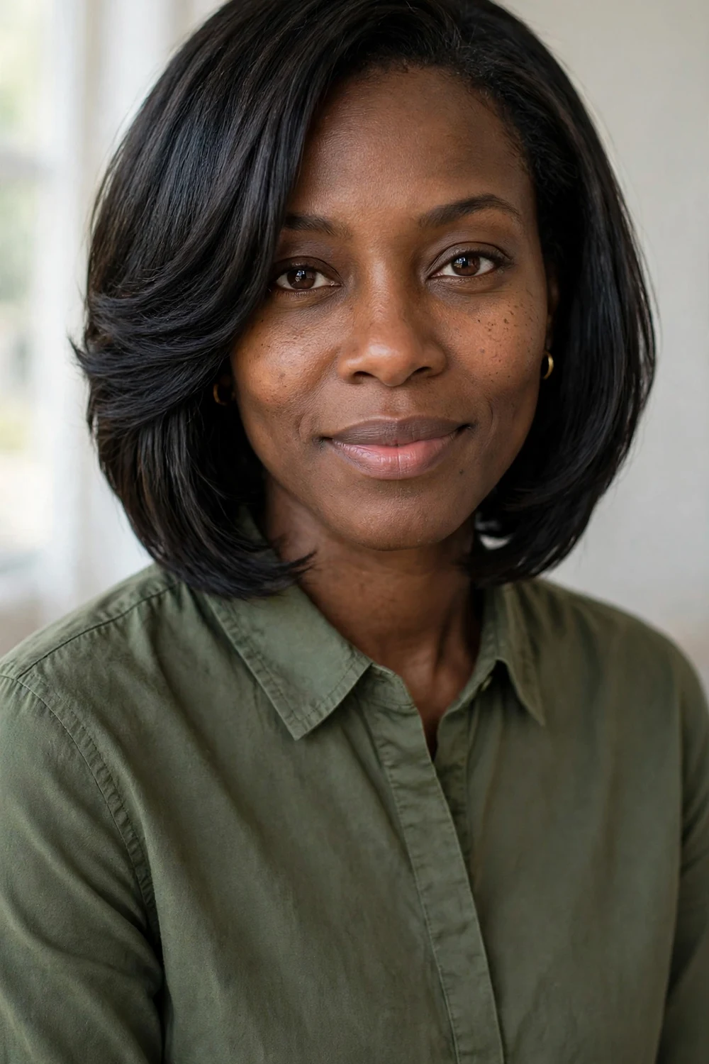 Black woman with a stacked bob with graduated layers at the back and longer front