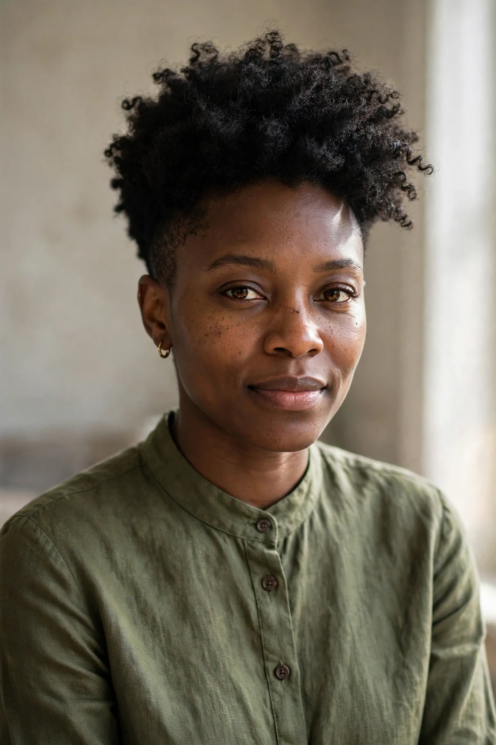 Black woman with a tapered natural cut with short sides and voluminous curly top