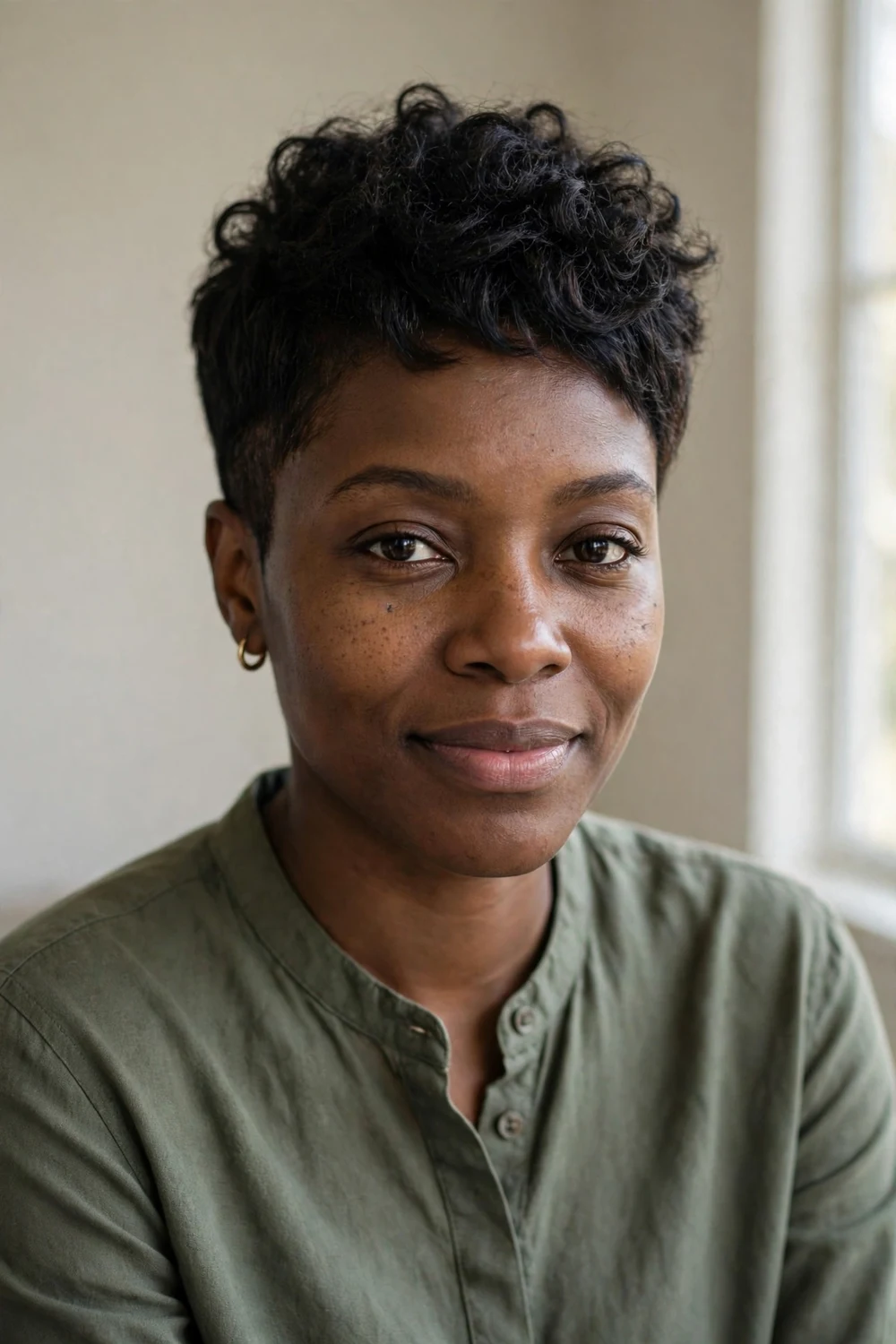 Black woman with a tapered pixie cut with short sides and fuller curly top