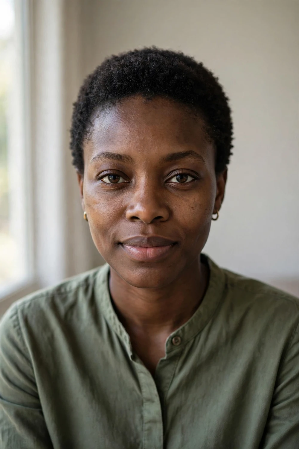 Black woman with a teeny weeny afro showing tight natural coils close to the scalp