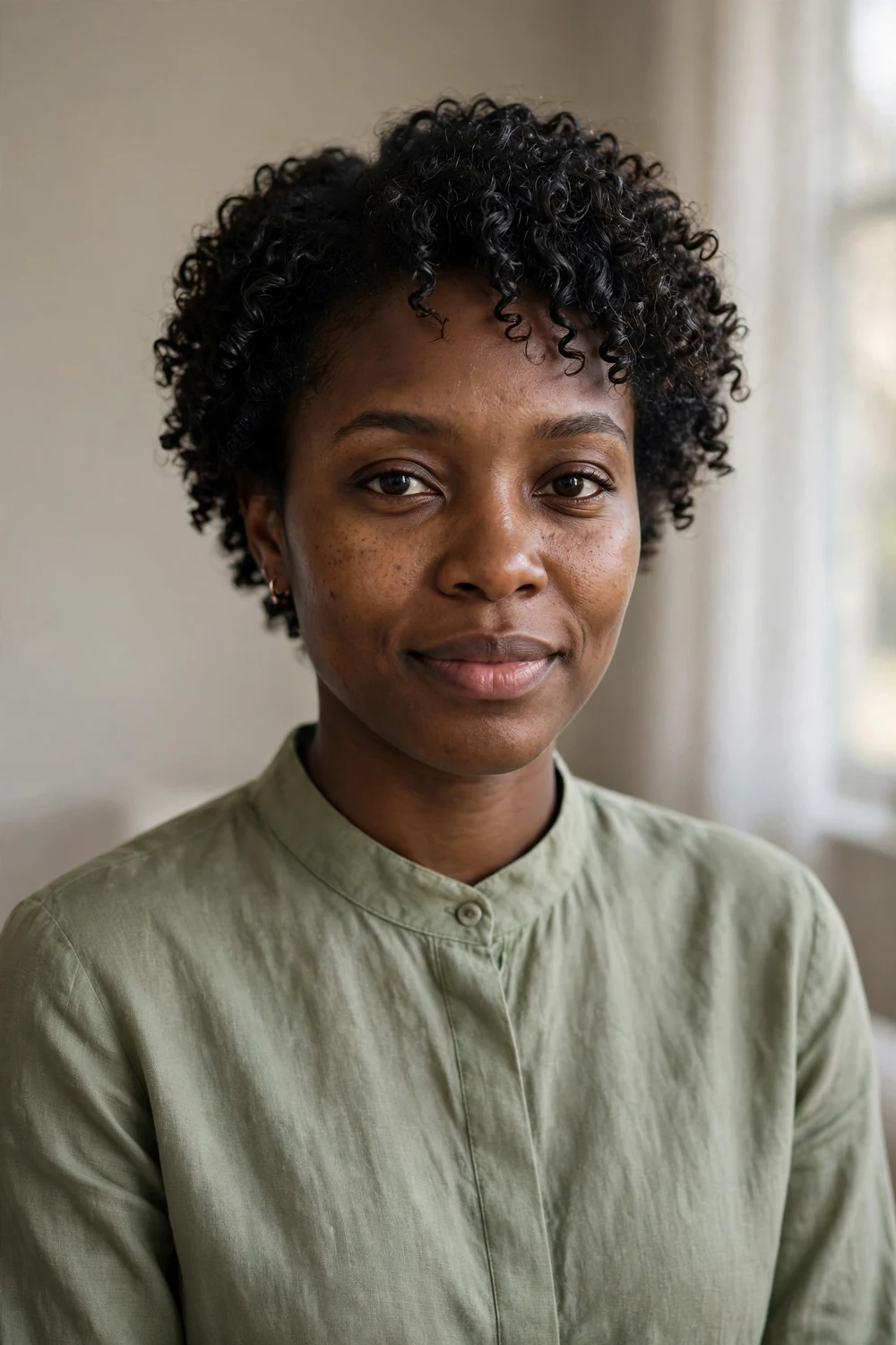 Black woman with wash-and-go short curls with defined glossy natural curls
