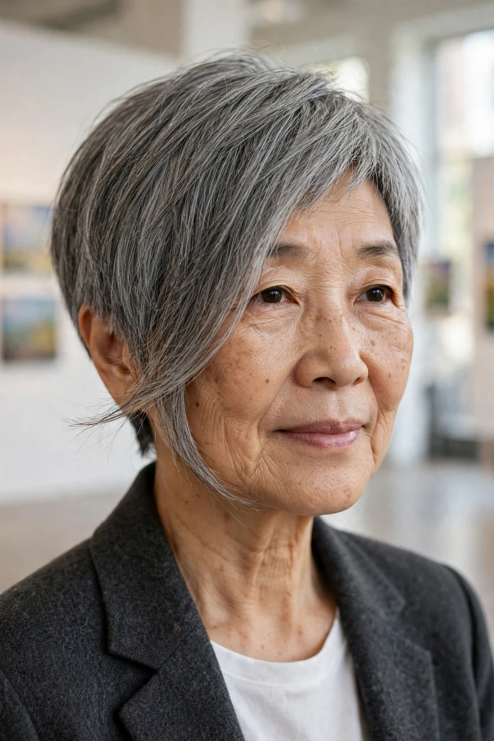 East Asian woman around 60 with an asymmetrical gray pixie bob haircut in an art gallery