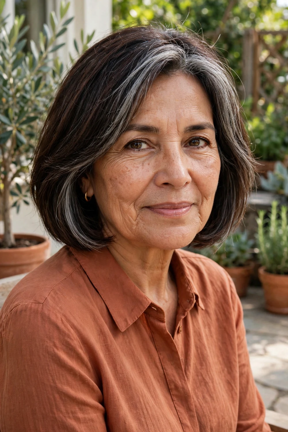 Latina woman in her early 60s with a chin-length layered bob in dark brown with silver streaks