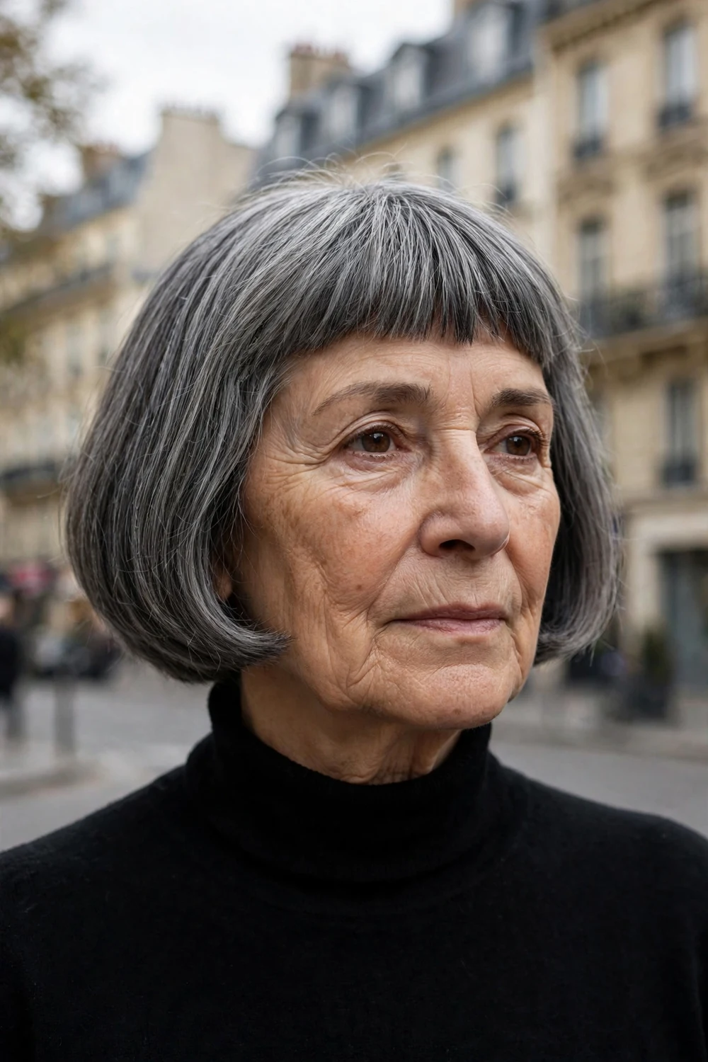 Woman in her mid 60s with a classic French bob in steel gray with blunt fringe on a Parisian street
