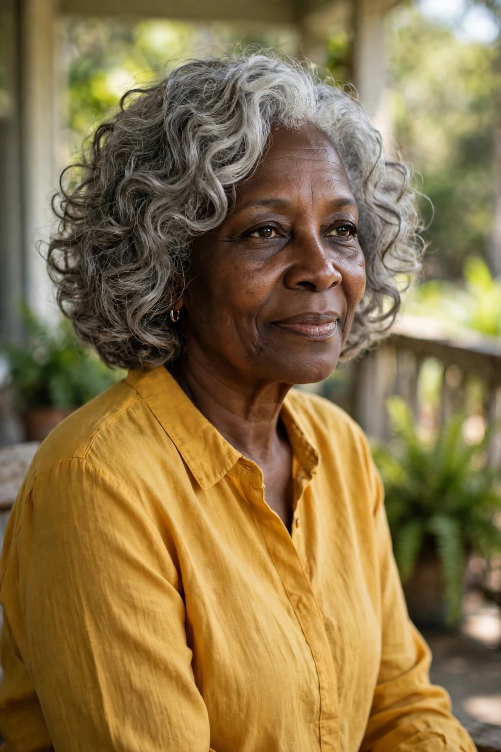 Black woman around 60 with a curly silver-gray layered bob haircut on a porch