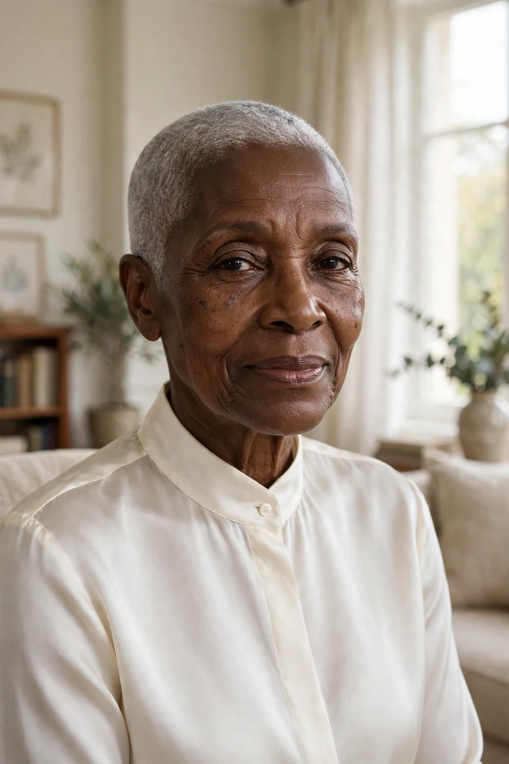 Black woman in her early 70s with an elegant short silver-gray cropped haircut