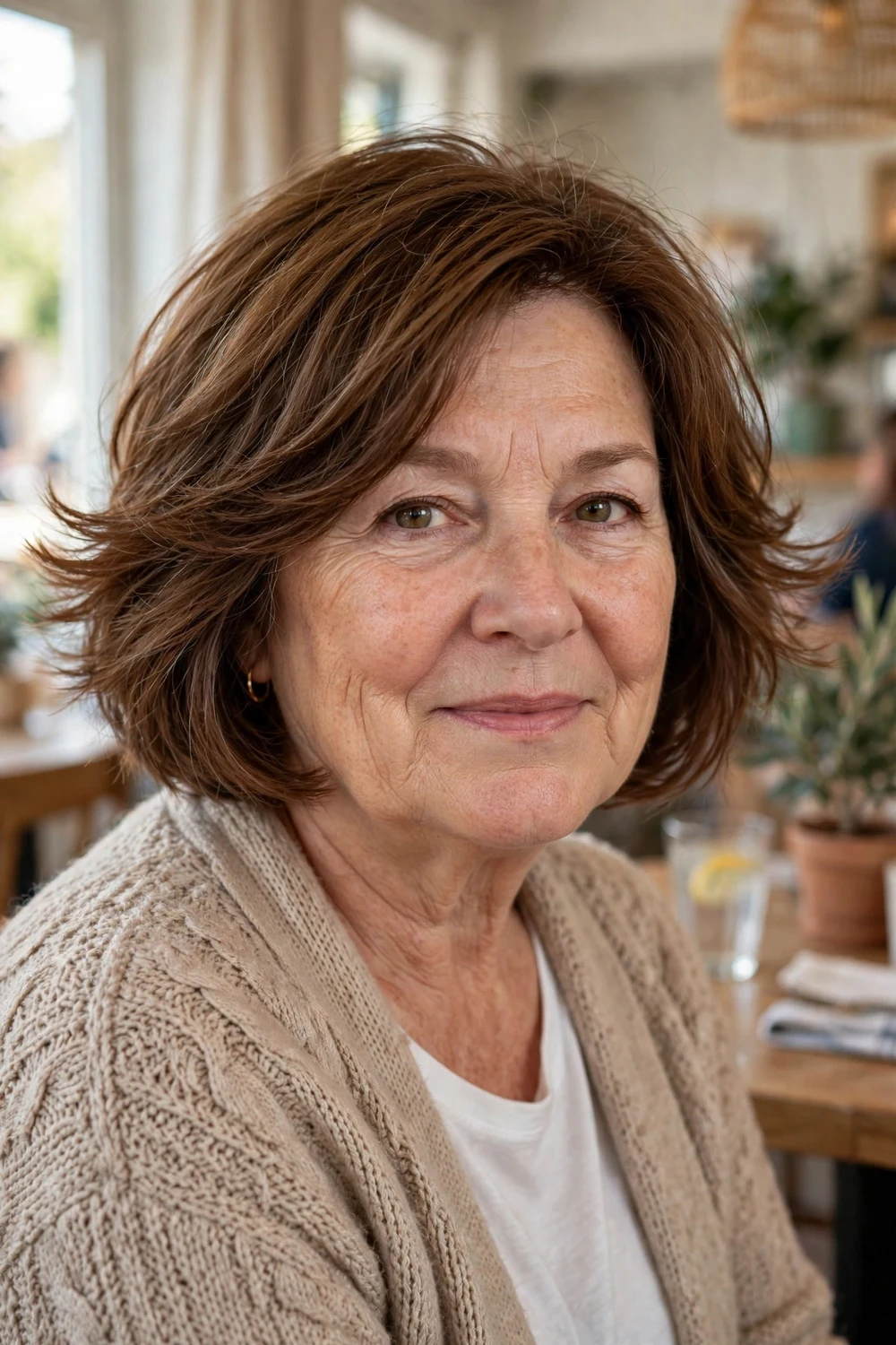 Woman in her late 50s with a feathered chestnut brown bob haircut in a cafe