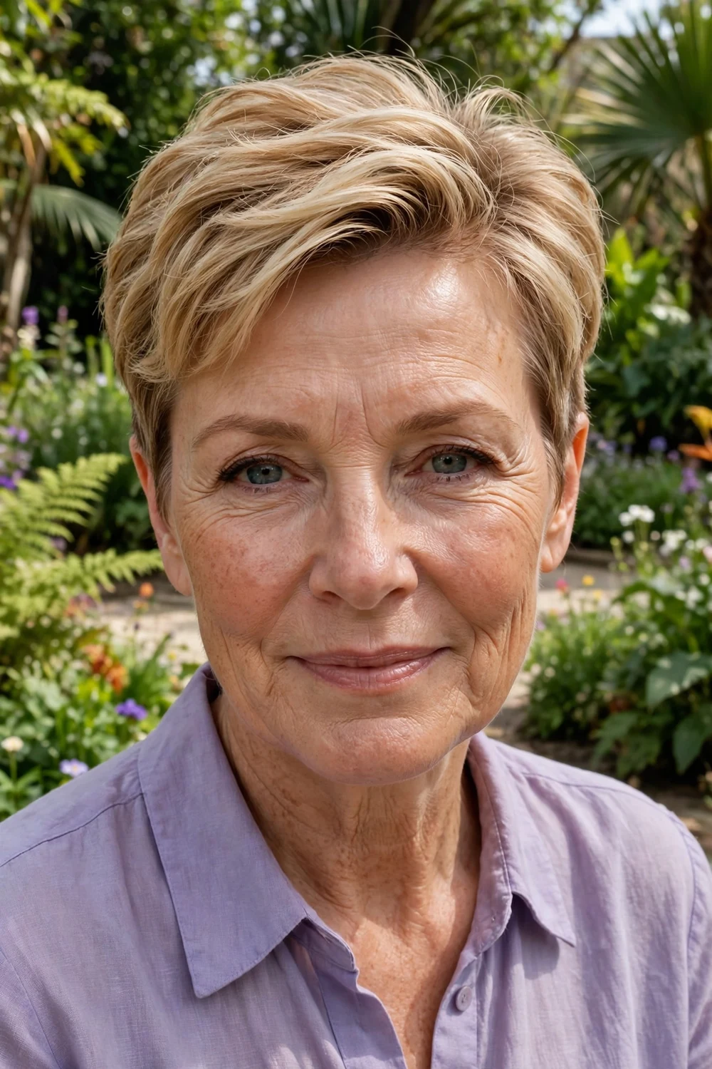 Woman in her late 50s with a feathered honey-blonde pixie with long layers on the crown