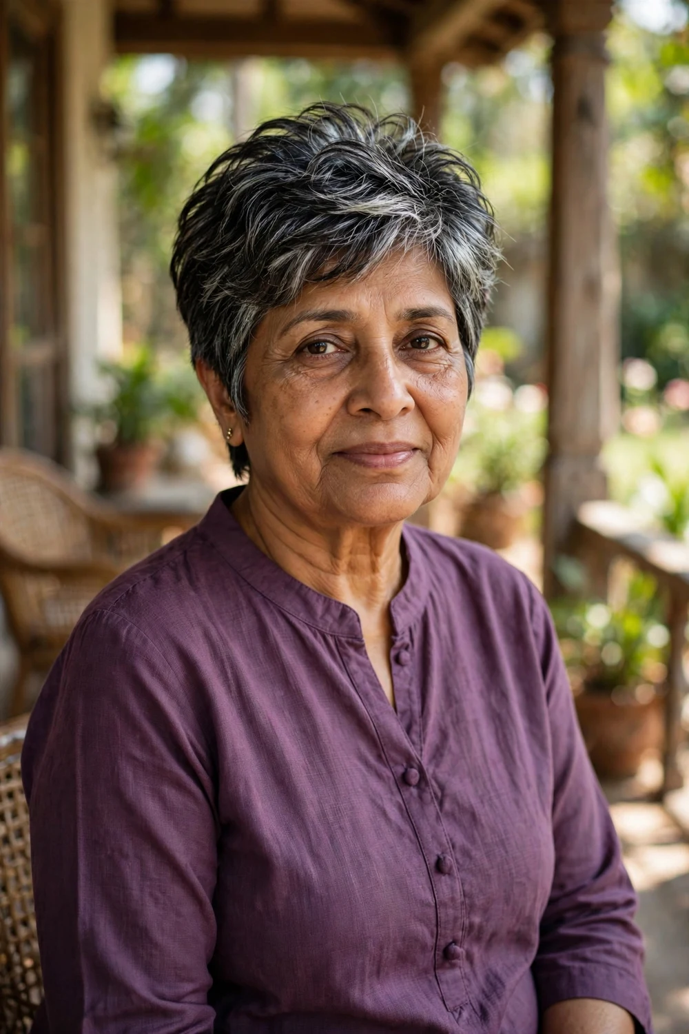 South Asian woman in her early 60s with a dark layered crop haircut with silver streaks