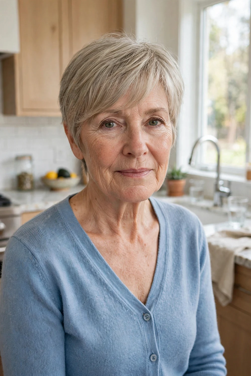 Woman in her mid 60s with an ash-blonde pixie haircut with feathered bangs in a kitchen