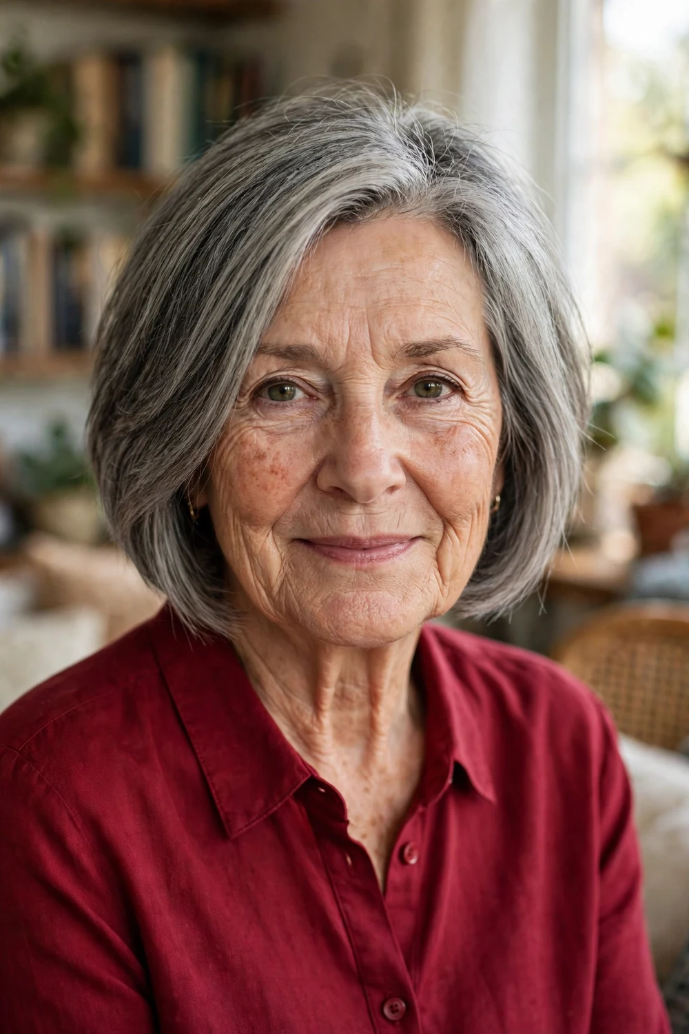 Woman in her mid 60s with a salt-and-pepper graduated bob haircut