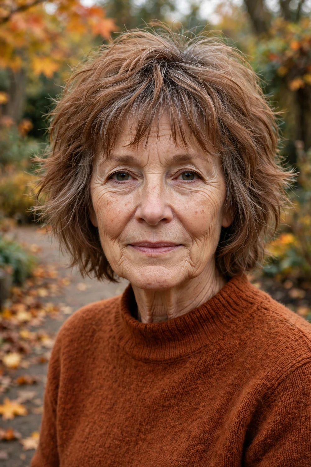 Woman in her early 60s with a shaggy auburn-gray bob with wispy bangs in an autumn garden