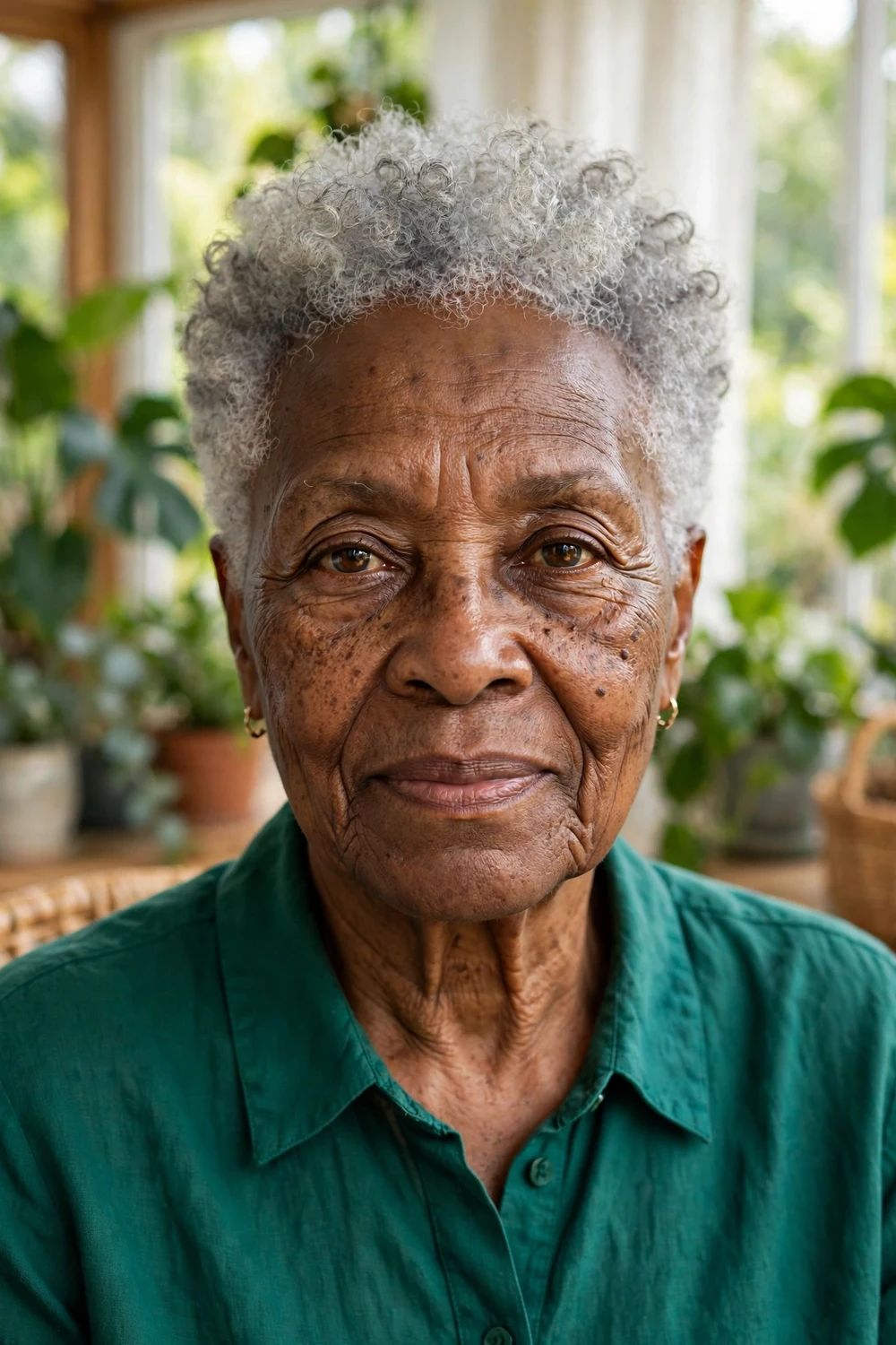 Black woman in her early 70s with a short white-gray curly crop haircut in a sunroom