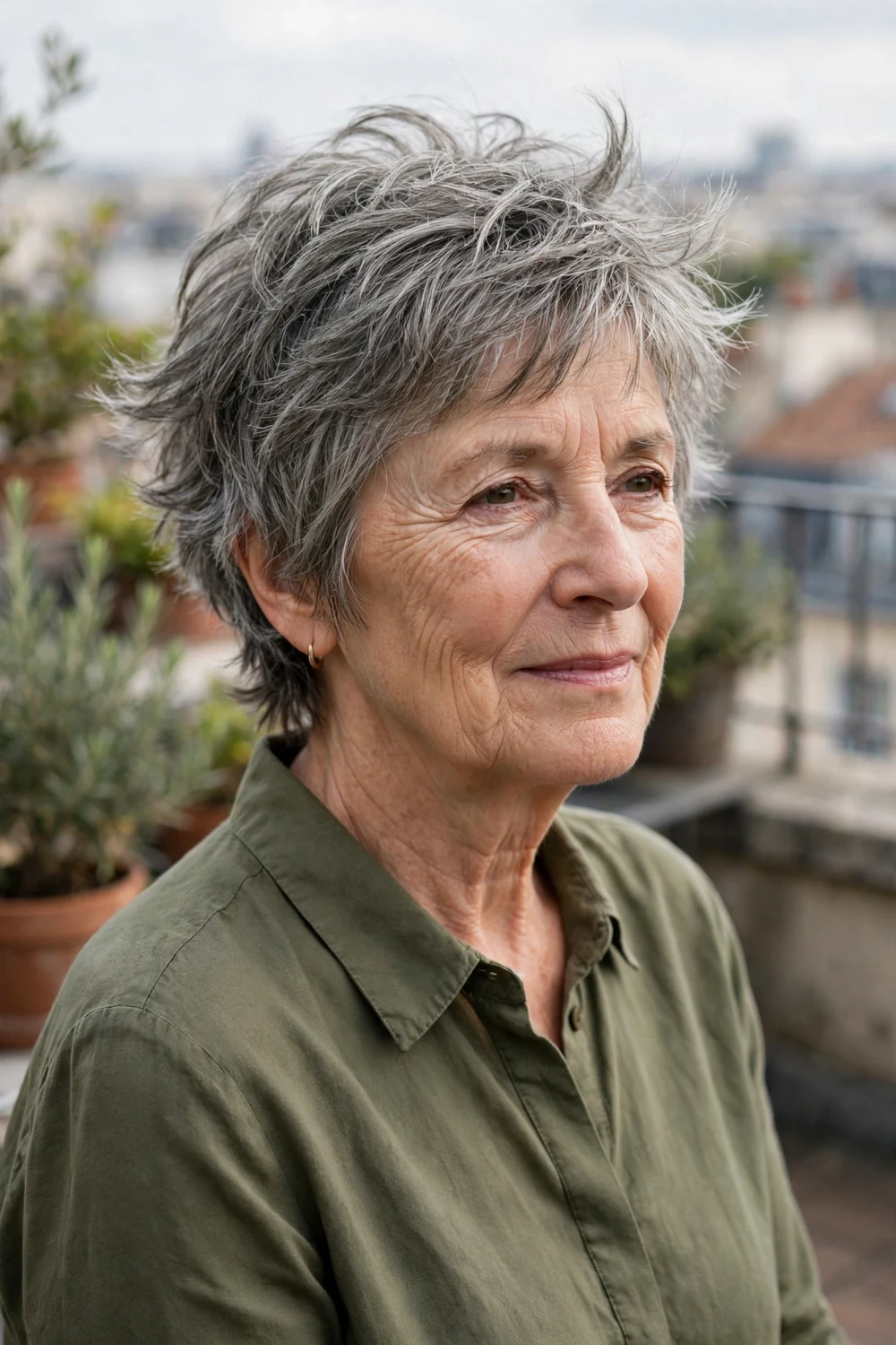 Woman in her late 60s with a tousled gray short shag haircut on a terrace