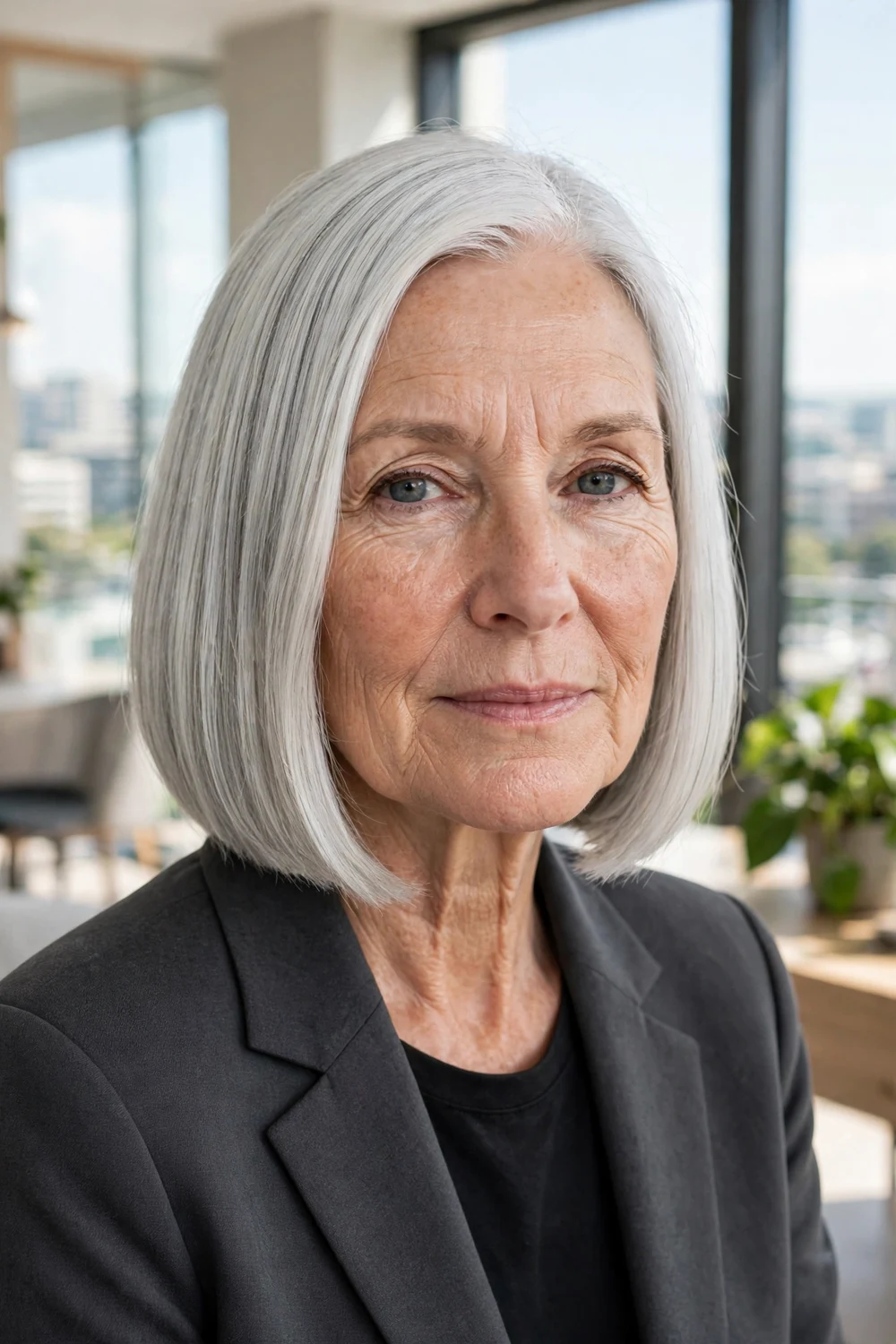 Woman in her mid 60s with a sleek straight silver-white bob haircut