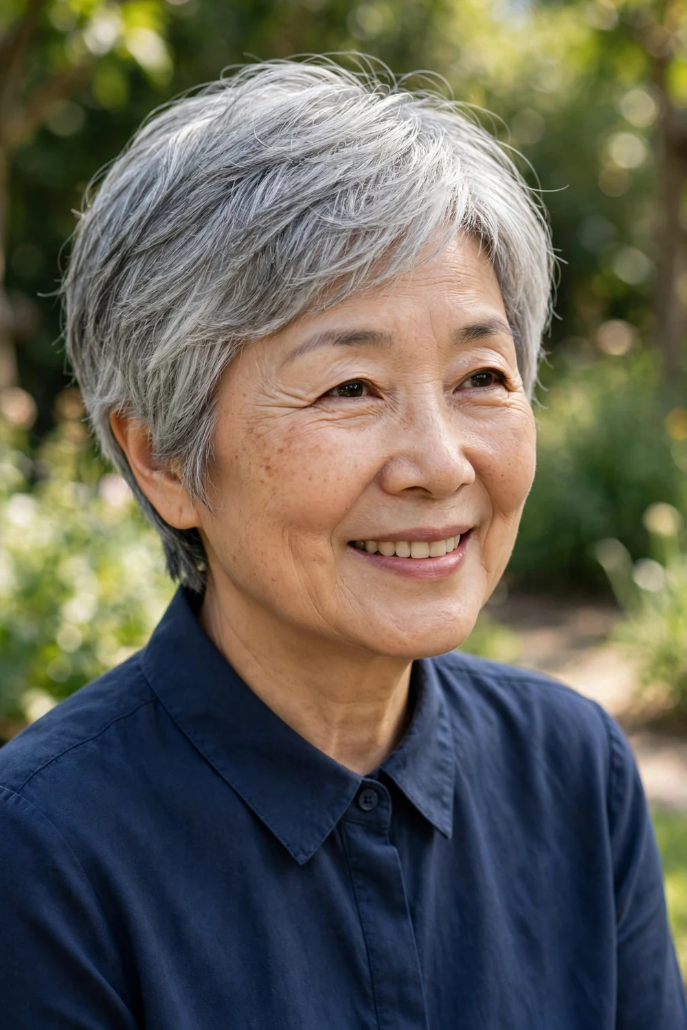 Mature East Asian woman in her 60s with a soft layered silver-gray pixie haircut in a garden