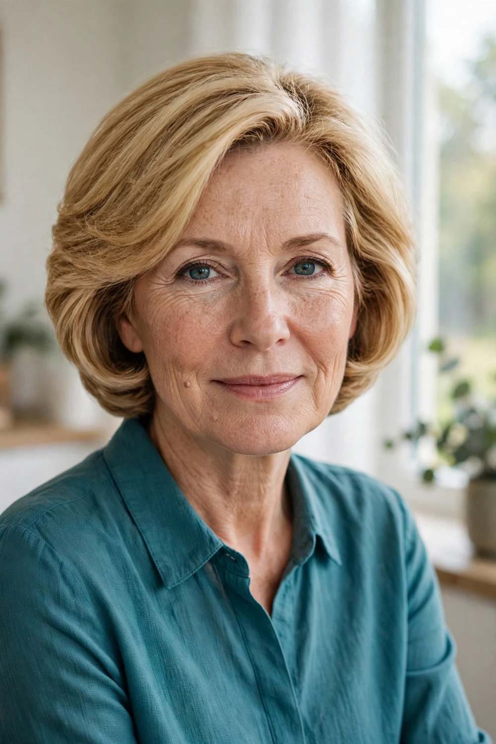 Woman in her late 50s with a blonde stacked bob haircut with graduated layers at the nape