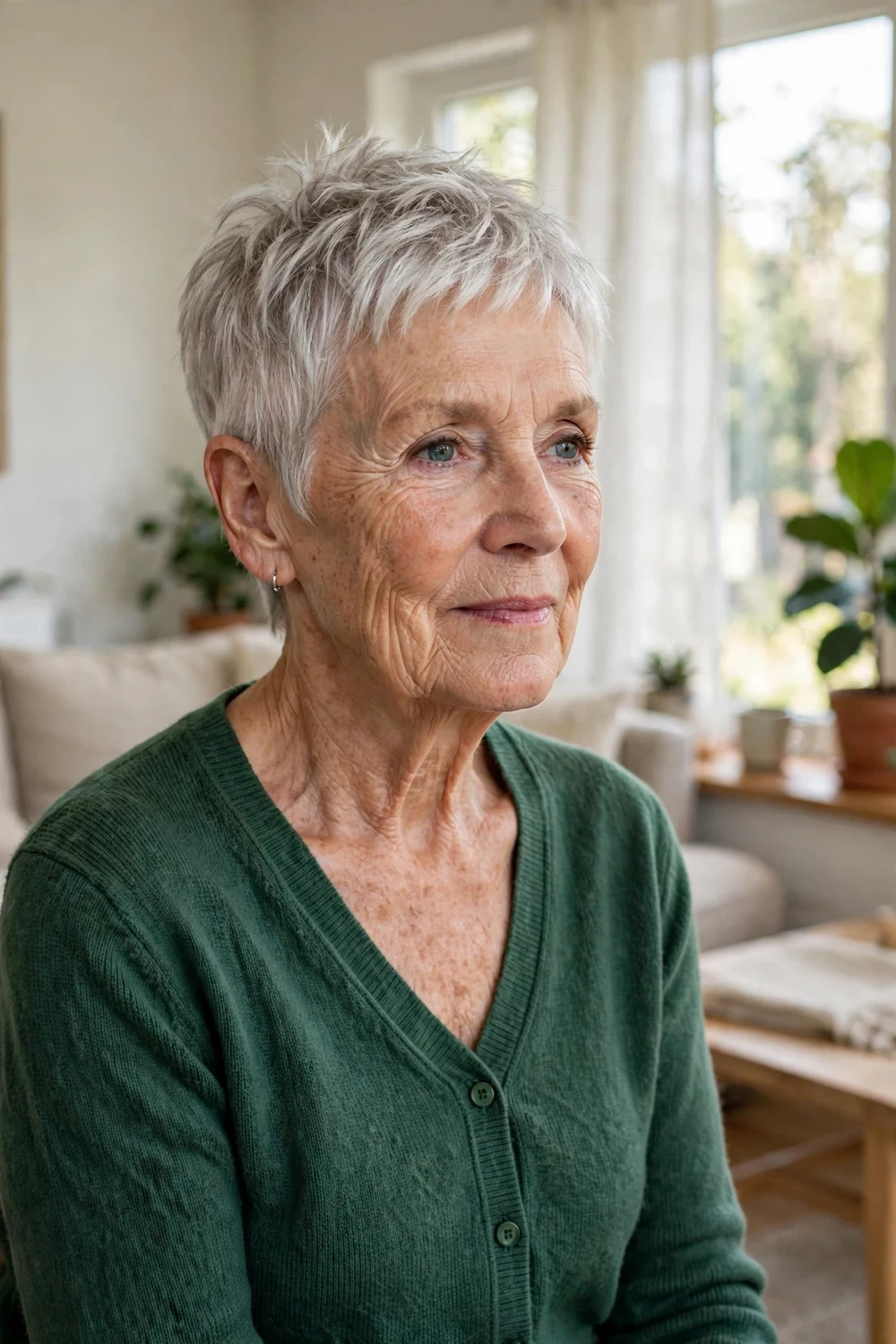 Woman in her early 70s with a tapered silver-white pixie haircut in a bright living room