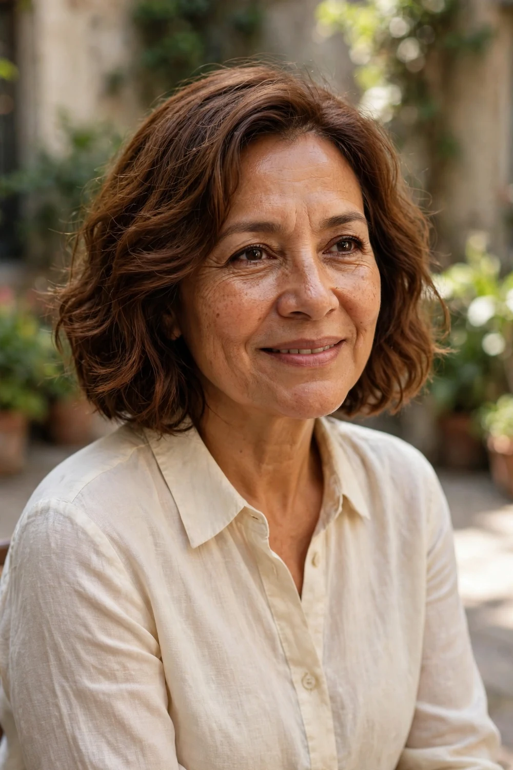 Latina woman in her late 50s with a wavy chin-length bob haircut in chestnut brown