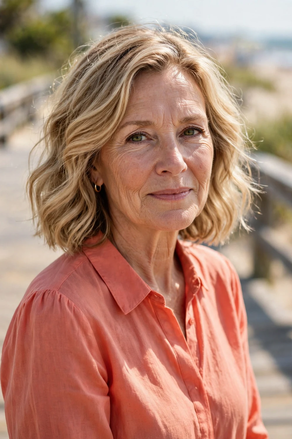 Woman in her late 50s with a wavy sandy blonde lob haircut on a boardwalk