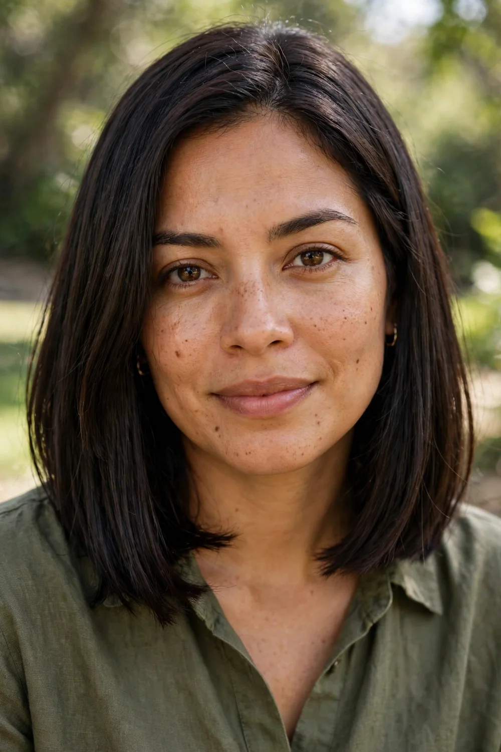 Woman with a blunt lob, collarbone-length one-length hair with subtle layers