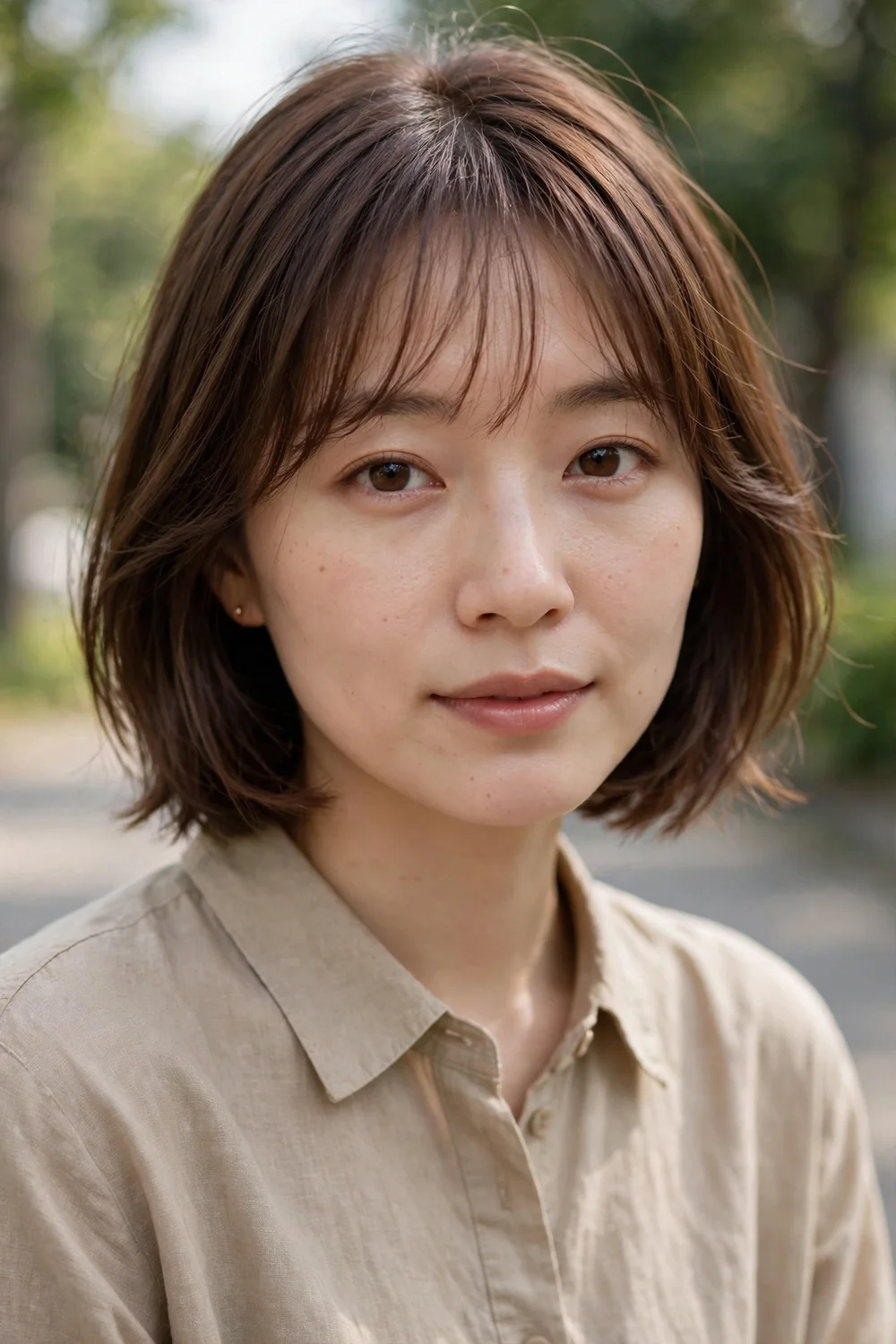 Woman with a chin-length bob and light wispy bangs across the forehead