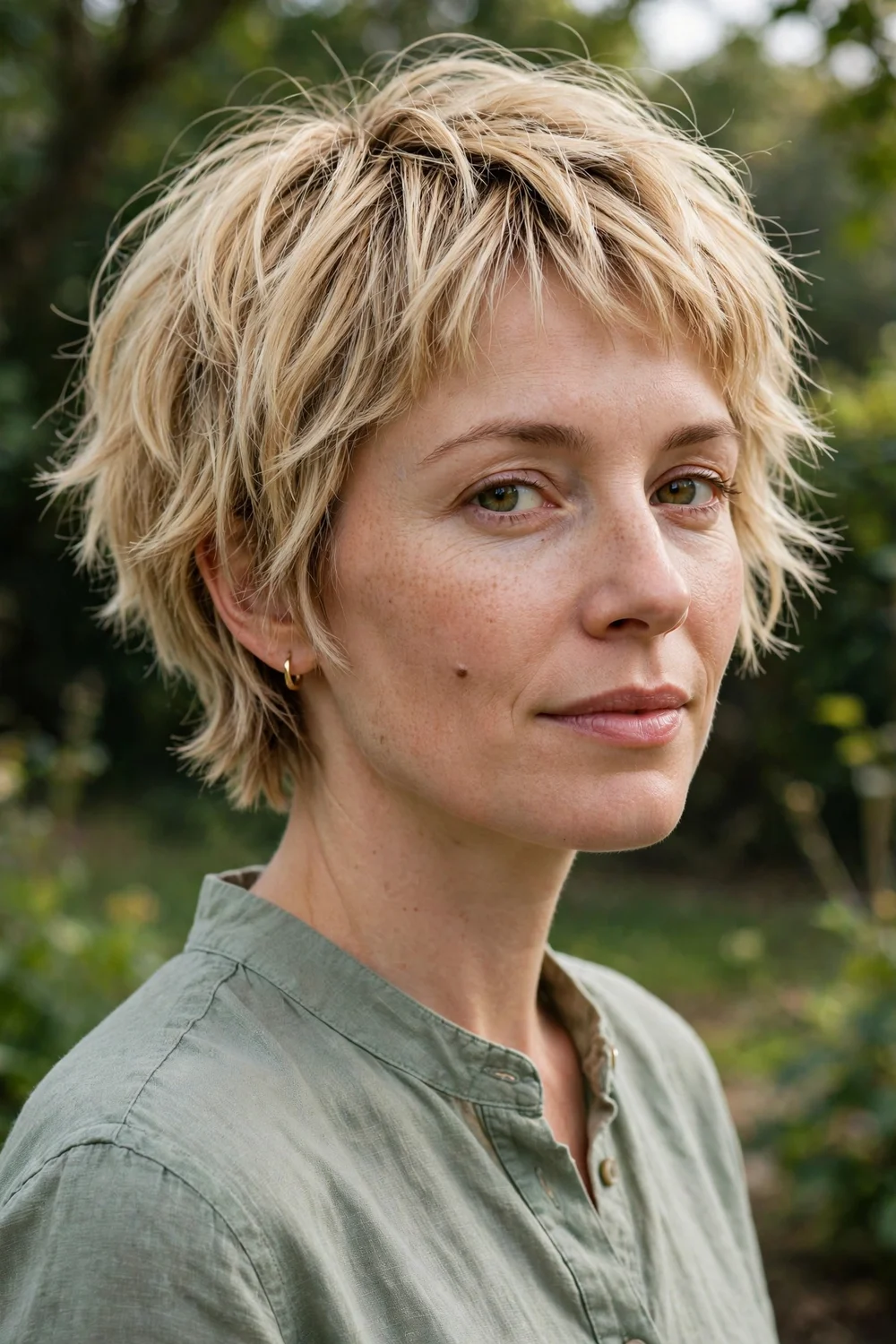 Woman with a choppy bixie cut, bob-pixie hybrid with textured ends at the nape