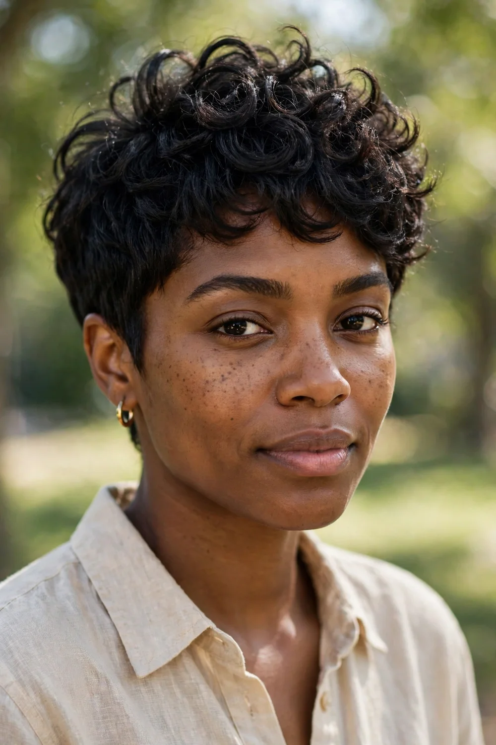 Woman with a curly textured pixie, defined curls adding volume on top