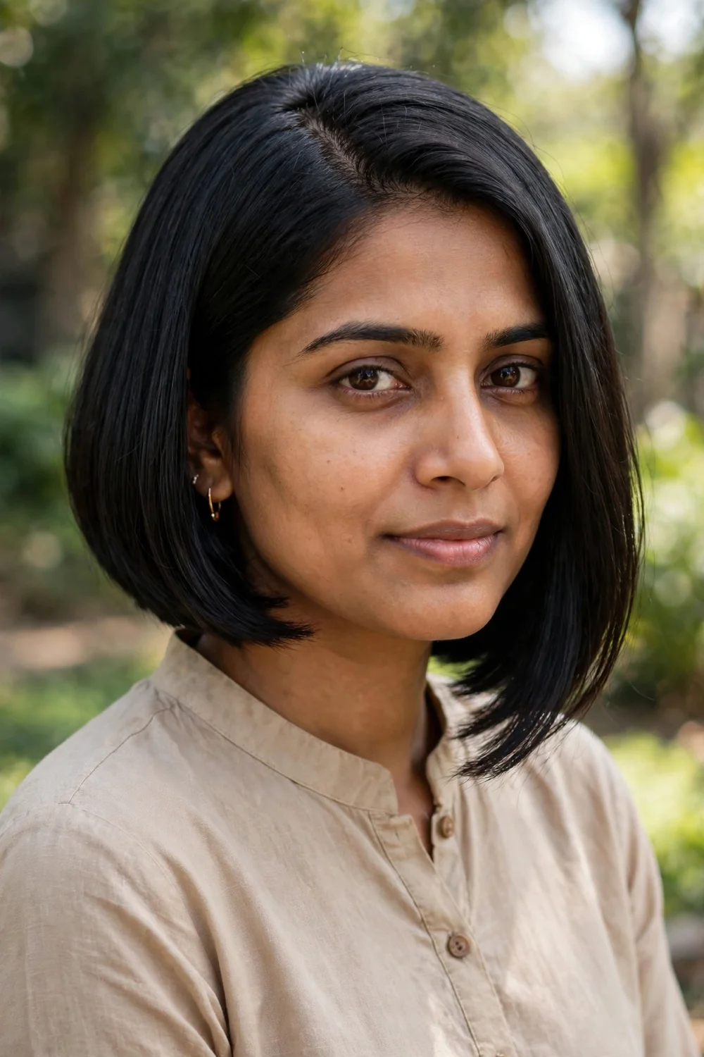 Woman with an A-line bob and deep side part, longer front pieces framing the face