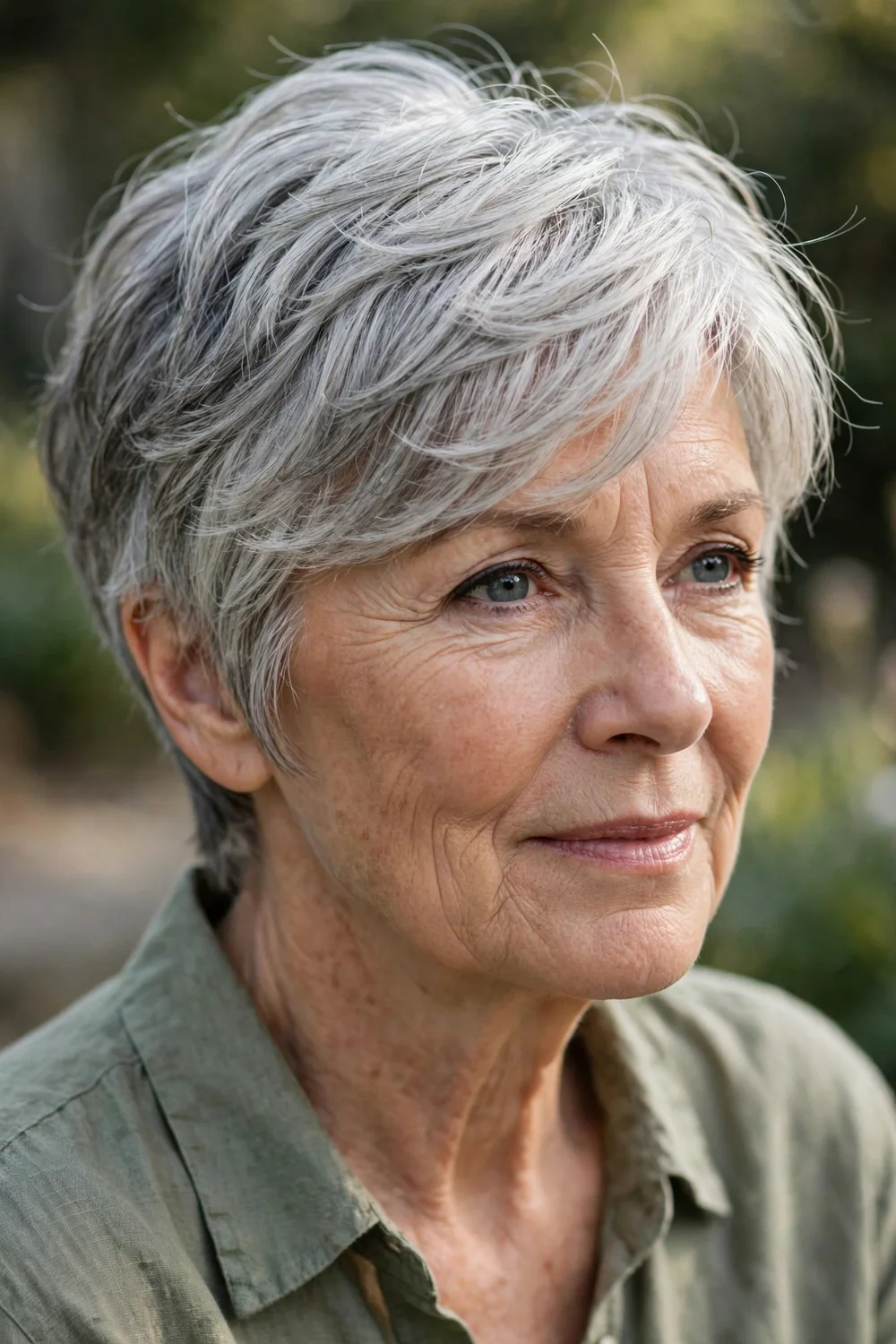 Woman with a feathered pixie cut, soft wispy layers swept to the side
