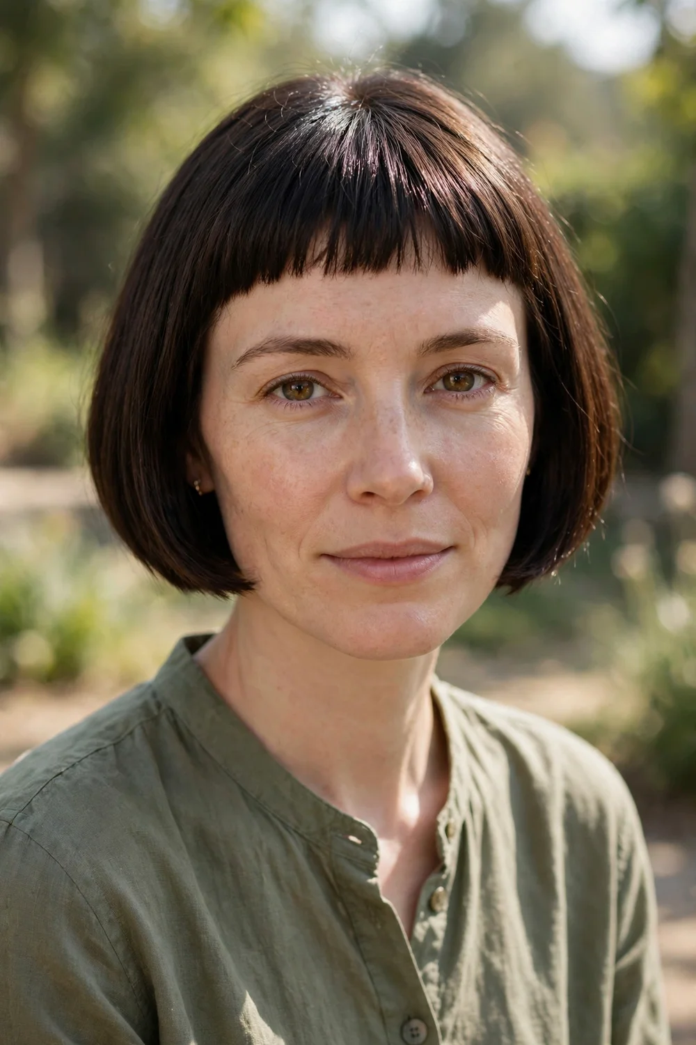 Woman with a French bob and short micro fringe, jaw-length blunt cut