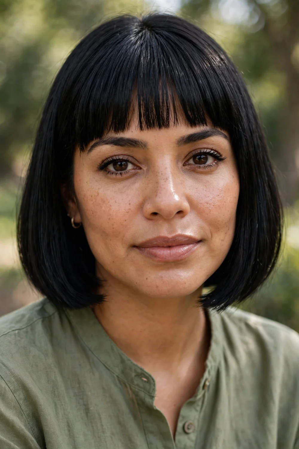 Woman with a full fringe blunt bob, straight-across bangs with chin-length bob