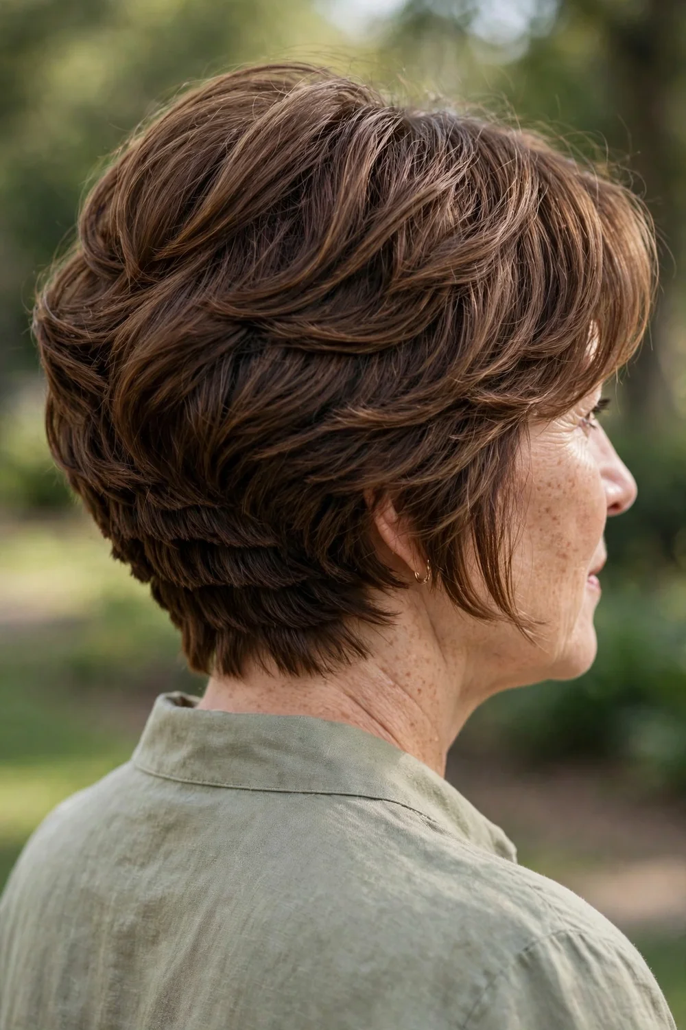 Woman with a graduated stacked bob, shorter layered back building crown volume