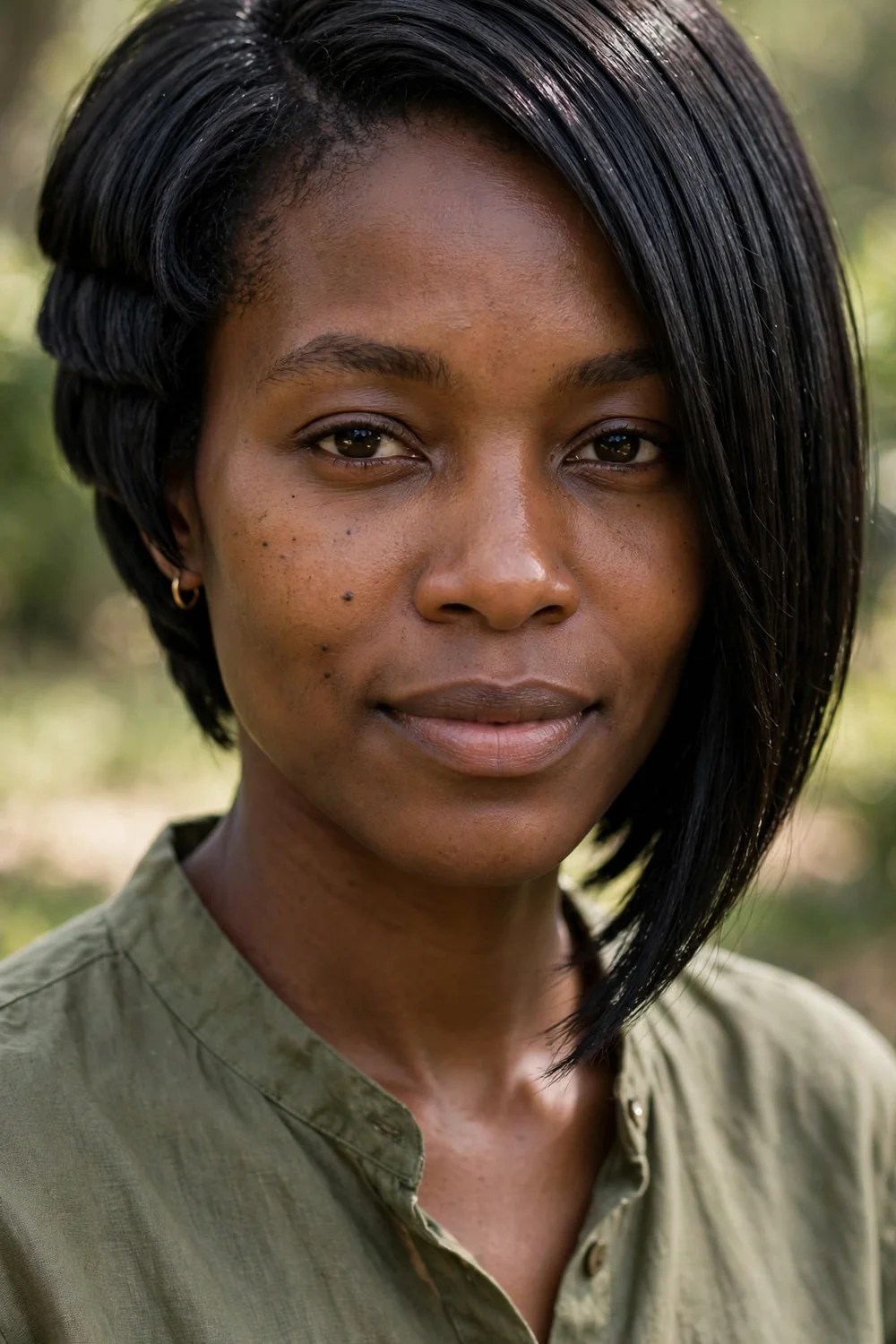 Woman with an inverted bob, stacked shorter back with longer front sections
