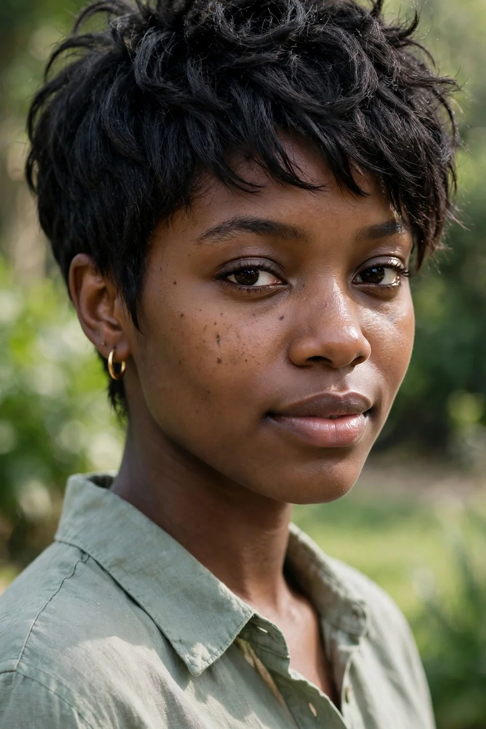 Woman with a textured pixie, tapered sides and longer piecey layers on top