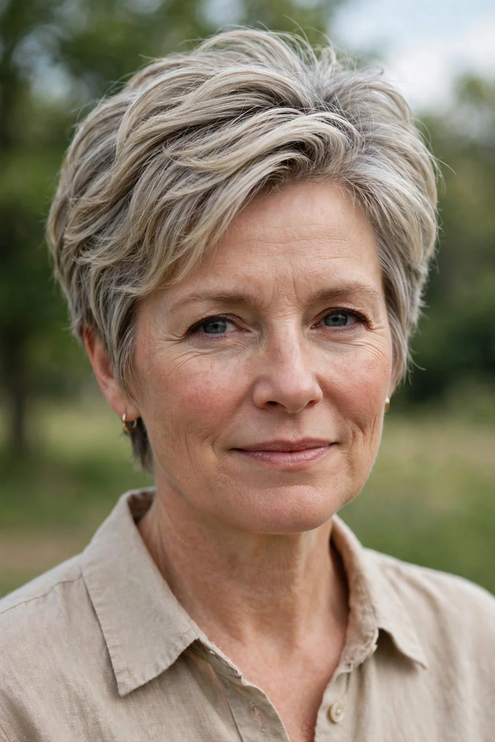 Woman with a root-lifted layered crop, short layers with lift at the roots