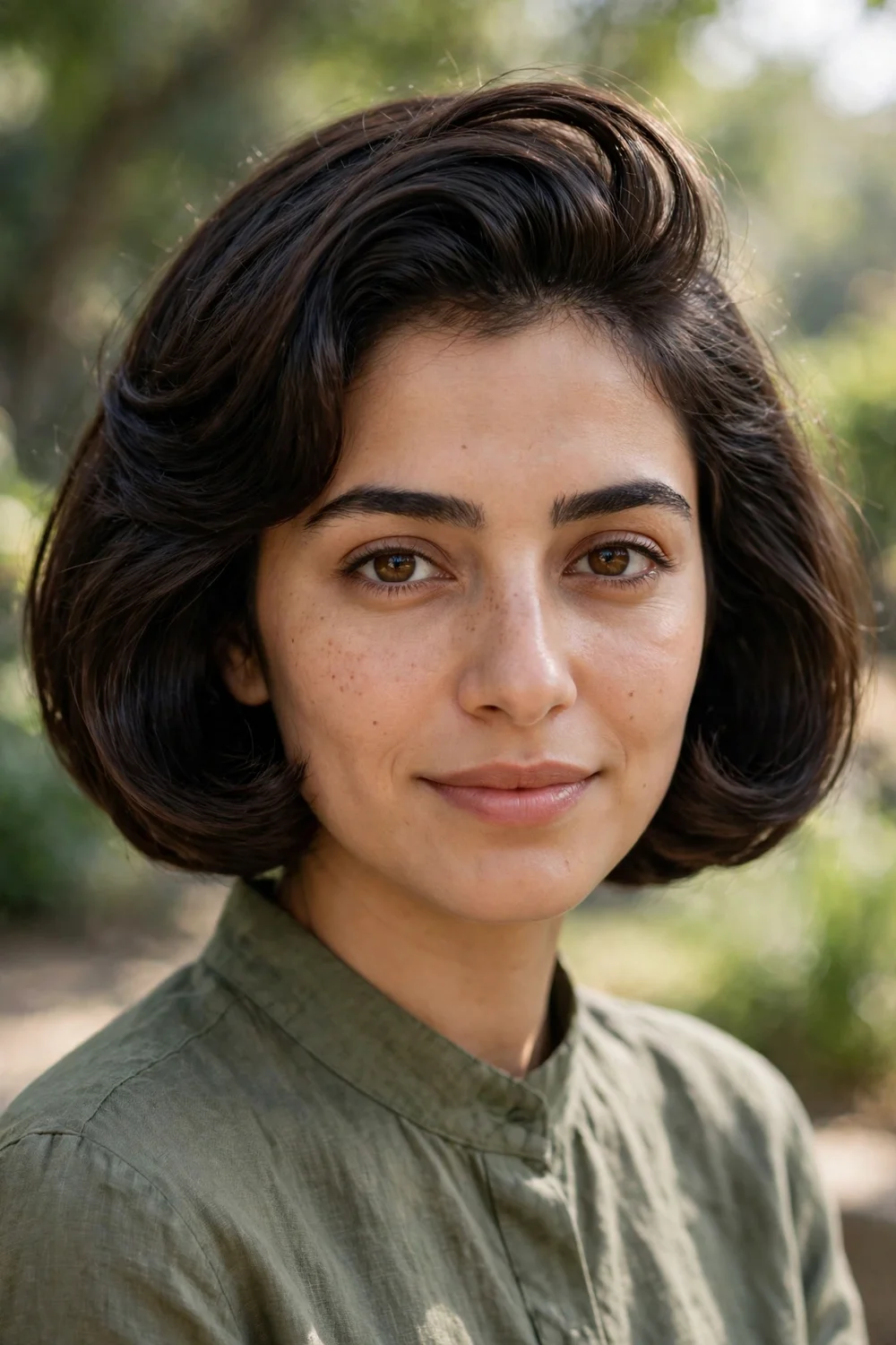 Woman with a rounded bob, curved shape with volume lifted at the crown