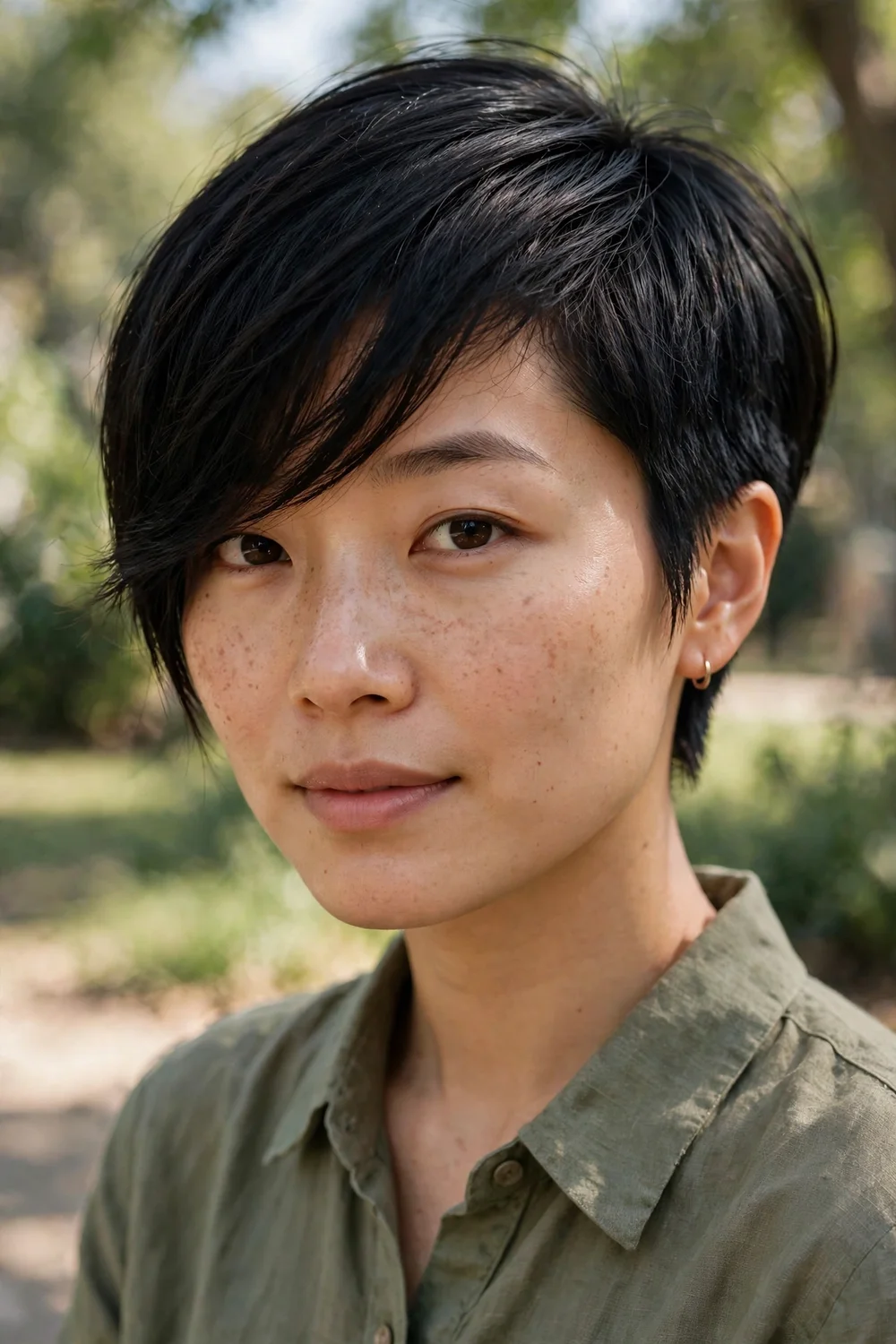 Woman with a side-swept asymmetric crop, long fringe swept across the forehead