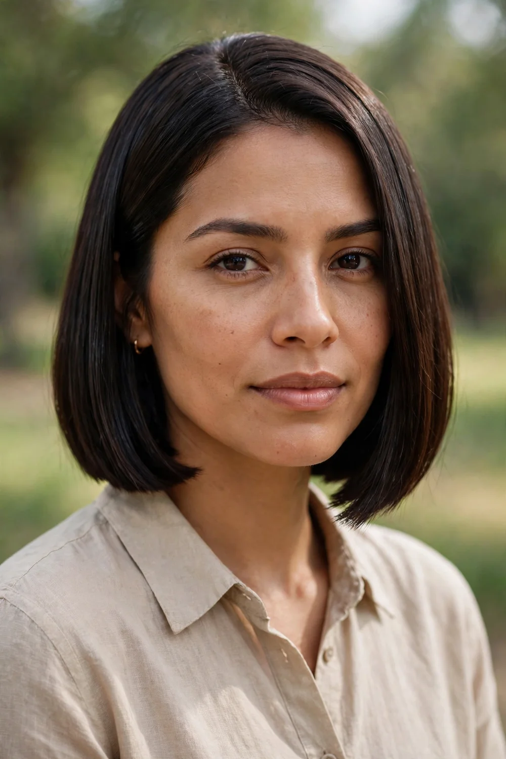 Woman with a sleek glass bob, polished straight chin-length hair with shine