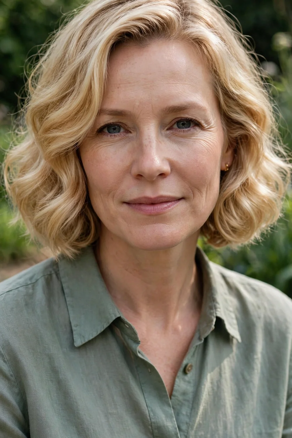 Woman with a soft S-wave bob, gentle waves adding width to chin-length hair