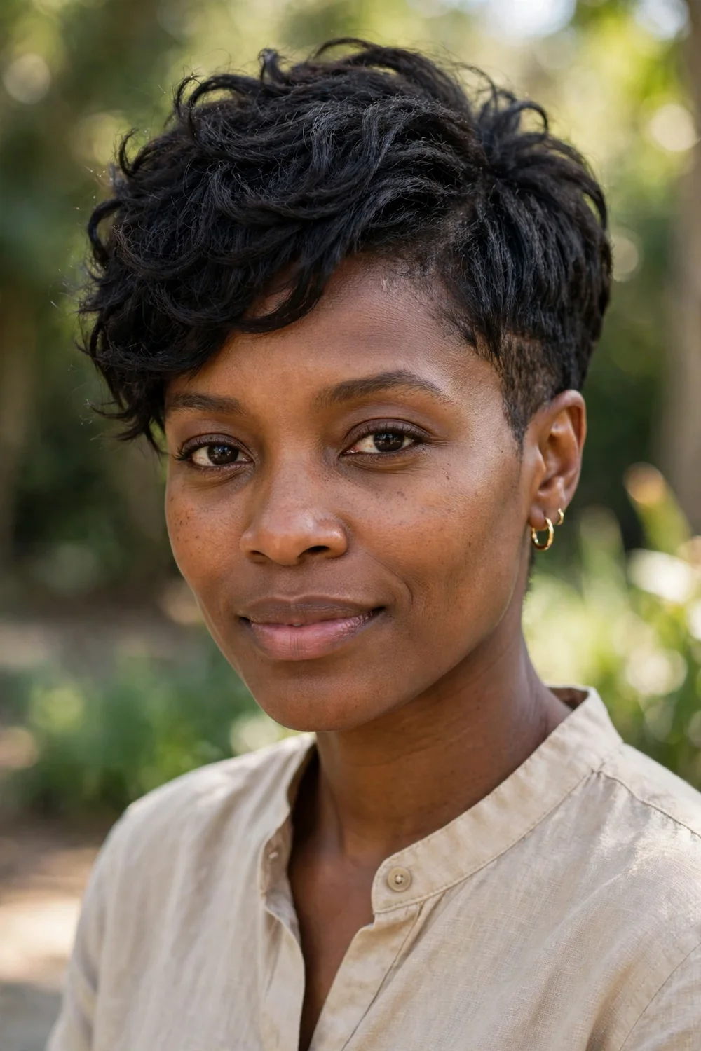 Woman with a tapered nape pixie, clean tapered back with fuller top layers