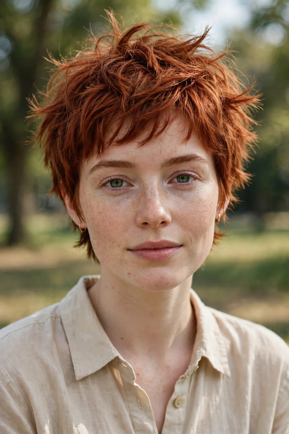 Woman with a tousled piecey pixie, separated textured pieces on top