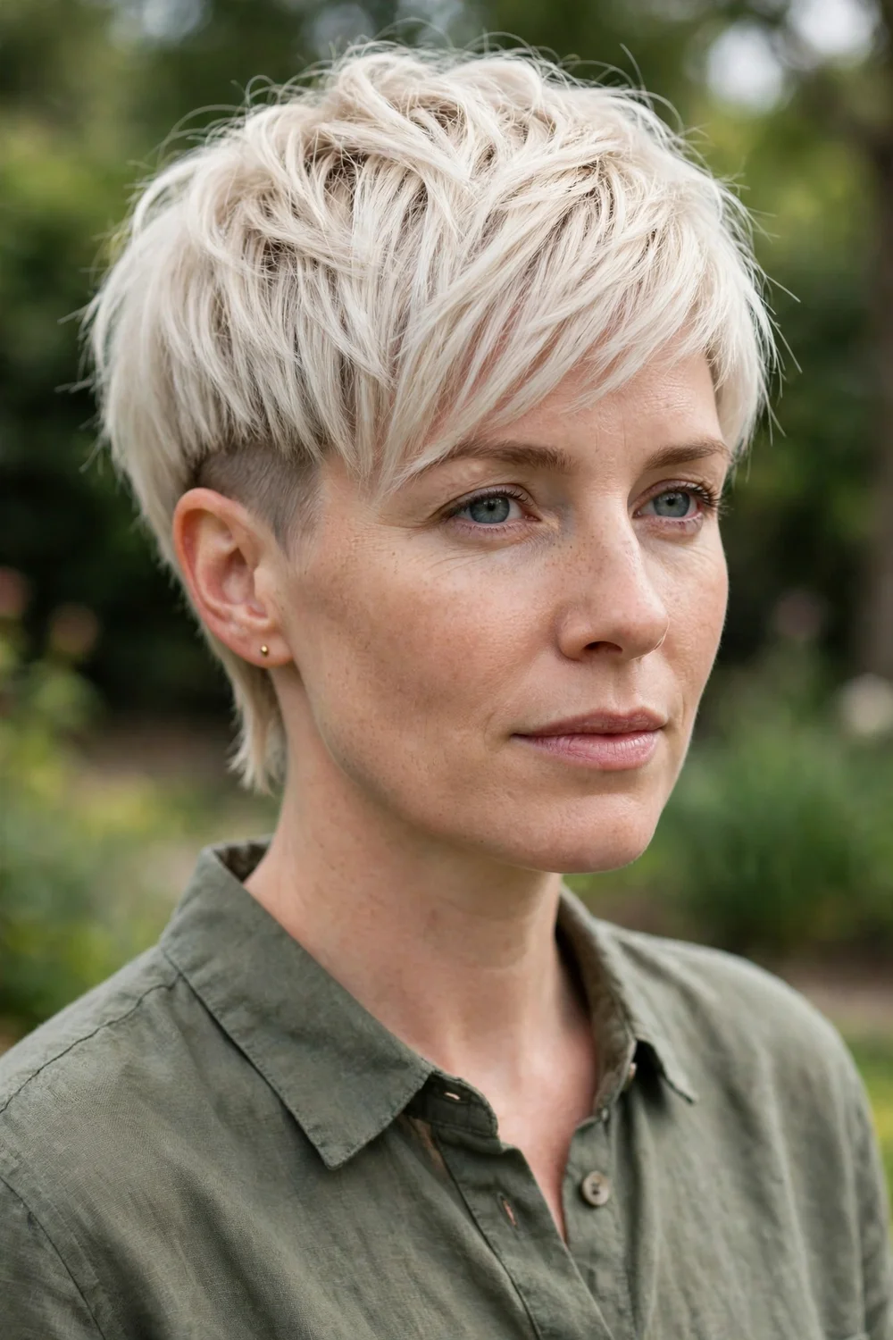 Woman with an undercut pixie bob, shaved nape undercut with longer top layers